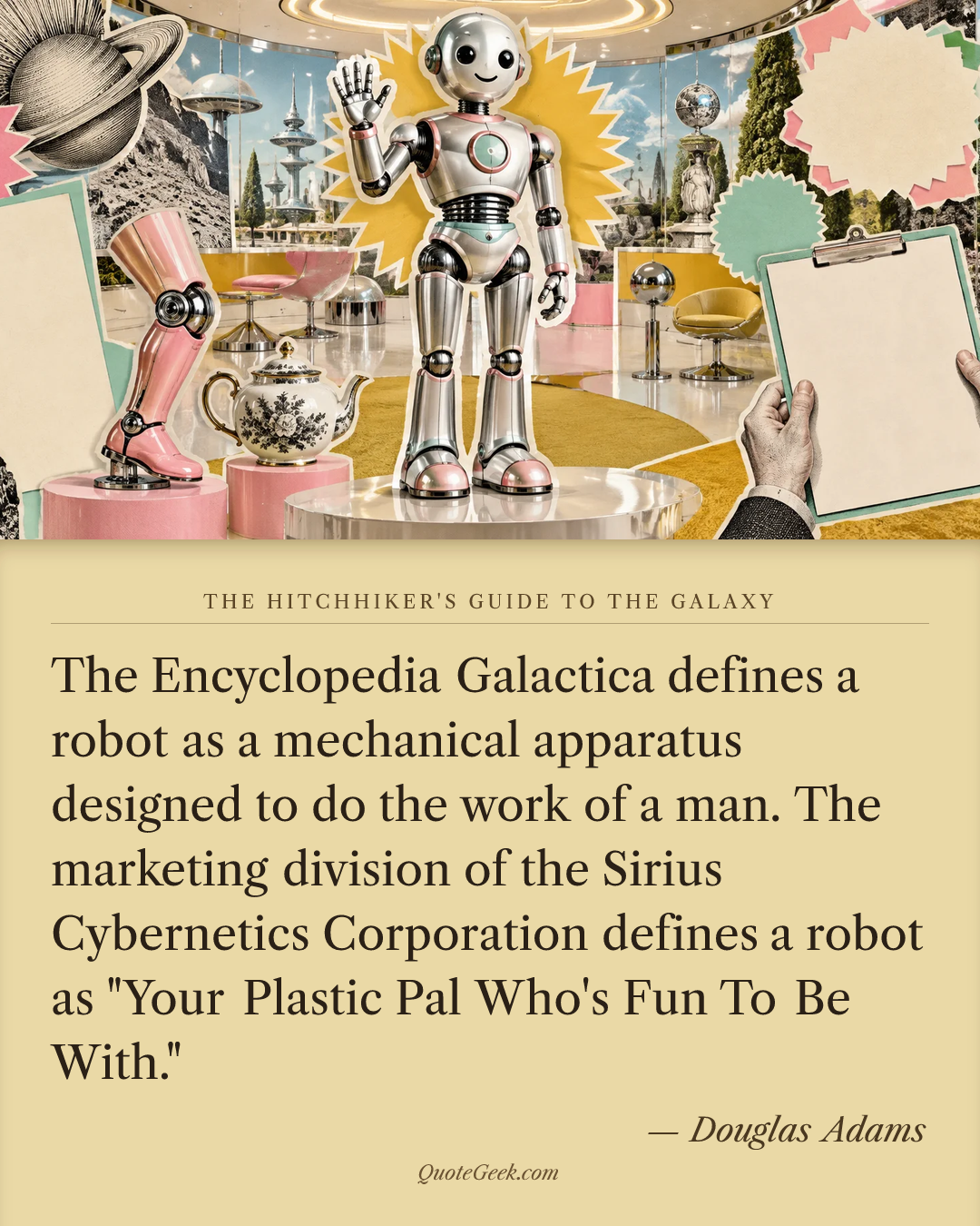 “The Encyclopedia Galactica defines a robot as a mechanical apparatus designed to do the work of a man. The marketing division of the Sirius Cybernetics Corporation defines a robot as "Your Plastic Pal Who's Fun To Be With."” — Douglas Adams · The Hitchhiker's Guide to the Galaxy. Illustrated QuoteGeek card.