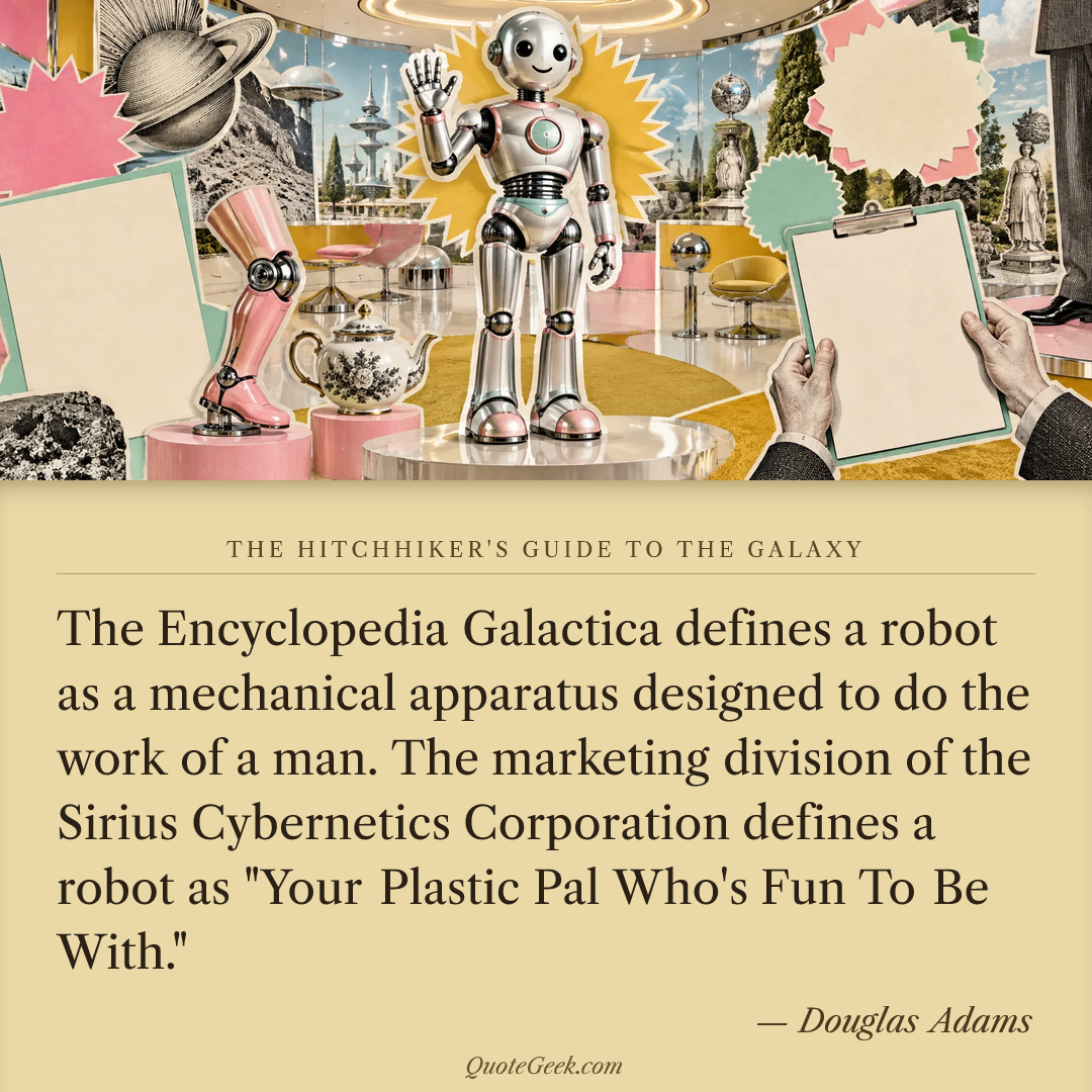“The Encyclopedia Galactica defines a robot as a mechanical apparatus designed to do the work of a man. The marketing division of the Sirius Cybernetics Corporation defines a robot as "Your Plastic Pal Who's Fun To Be With."” — Douglas Adams · The Hitchhiker's Guide to the Galaxy. Illustrated QuoteGeek card.