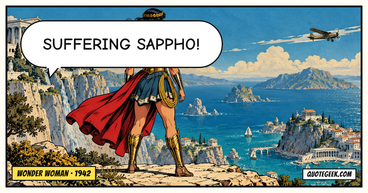 “Suffering Sappho!” — Wonder Woman · Wonder Woman. Illustrated QuoteGeek card.