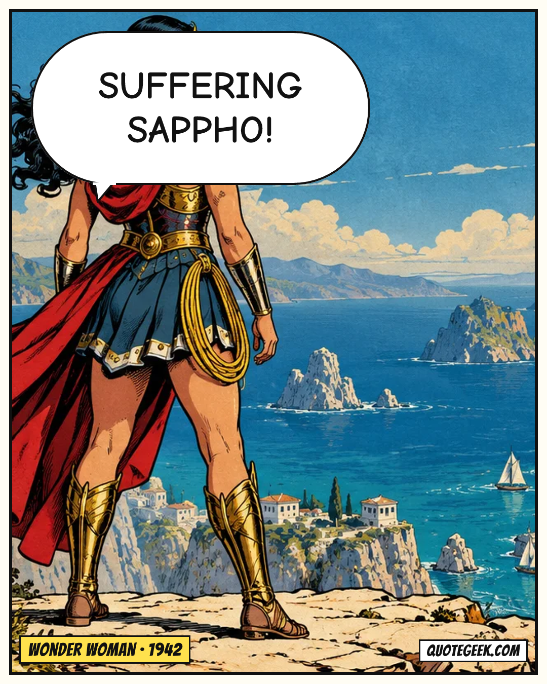 “Suffering Sappho!” — Wonder Woman · Wonder Woman. Illustrated QuoteGeek card.