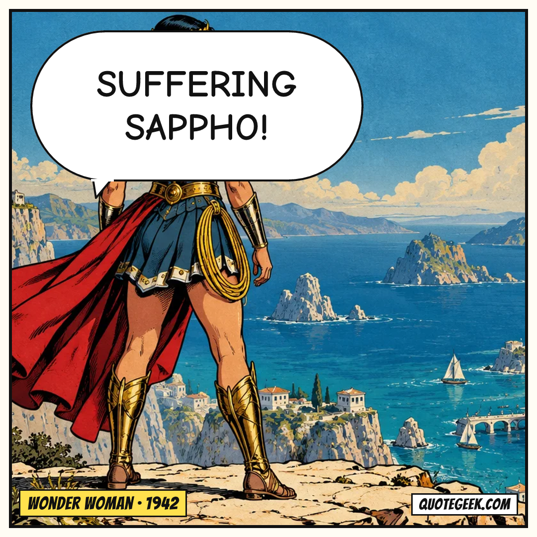 “Suffering Sappho!” — Wonder Woman · Wonder Woman. Illustrated QuoteGeek card.