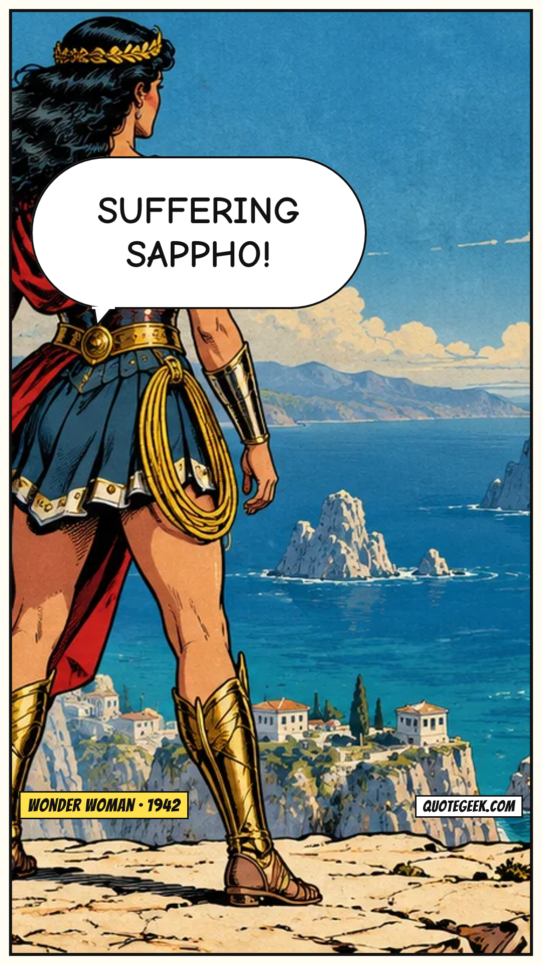 “Suffering Sappho!” — Wonder Woman · Wonder Woman. Illustrated QuoteGeek card.
