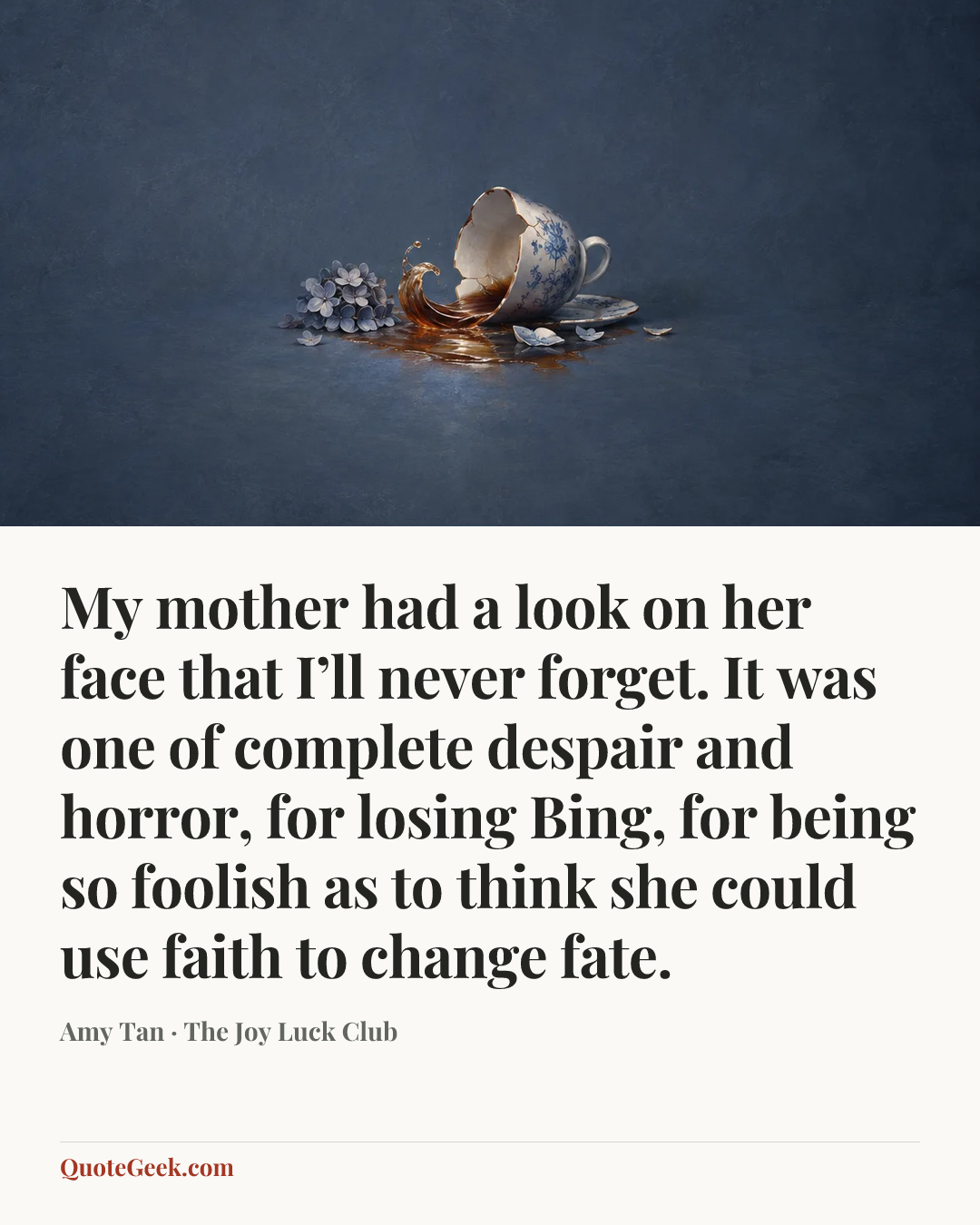 “My mother had a look on her face that I’ll never forget. It was one of complete despair and horror, for losing Bing, for being so foolish as to think she could use faith to change fate.” — Amy Tan · The Joy Luck Club. Illustrated QuoteGeek card.