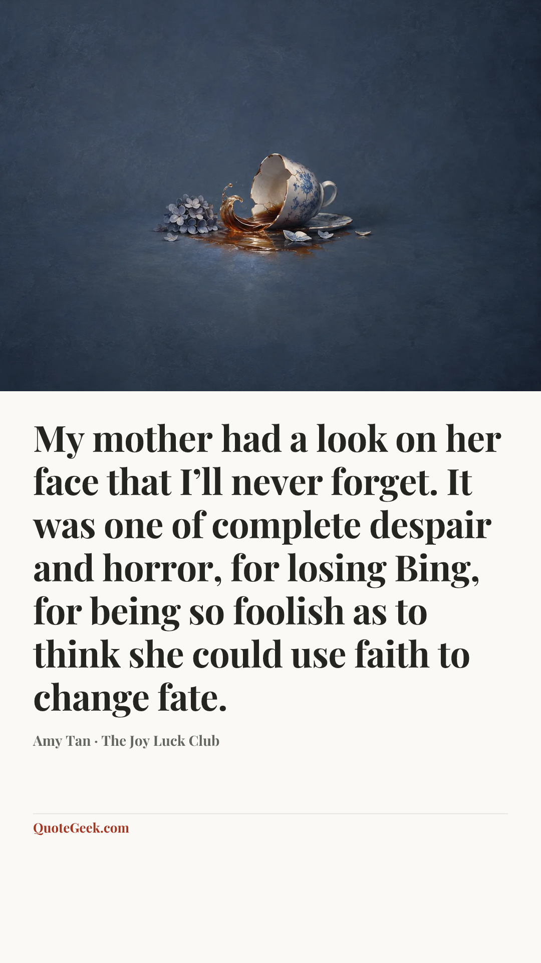 “My mother had a look on her face that I’ll never forget. It was one of complete despair and horror, for losing Bing, for being so foolish as to think she could use faith to change fate.” — Amy Tan · The Joy Luck Club. Illustrated QuoteGeek card.