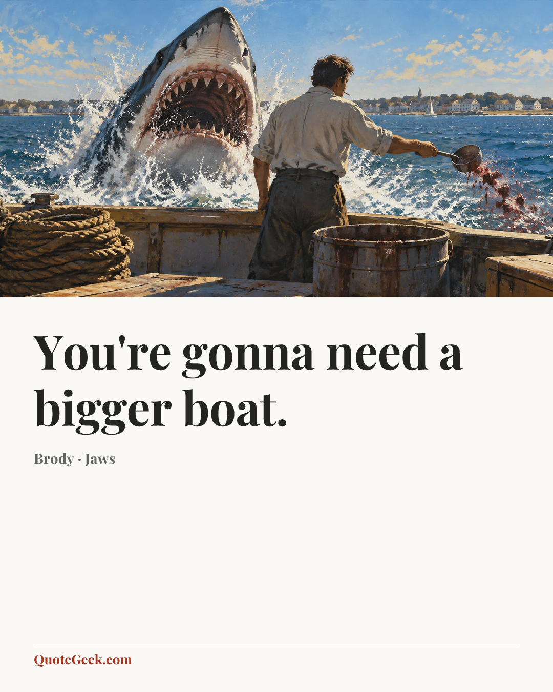 “You're gonna need a bigger boat.” — Brody · Jaws. Illustrated QuoteGeek card.