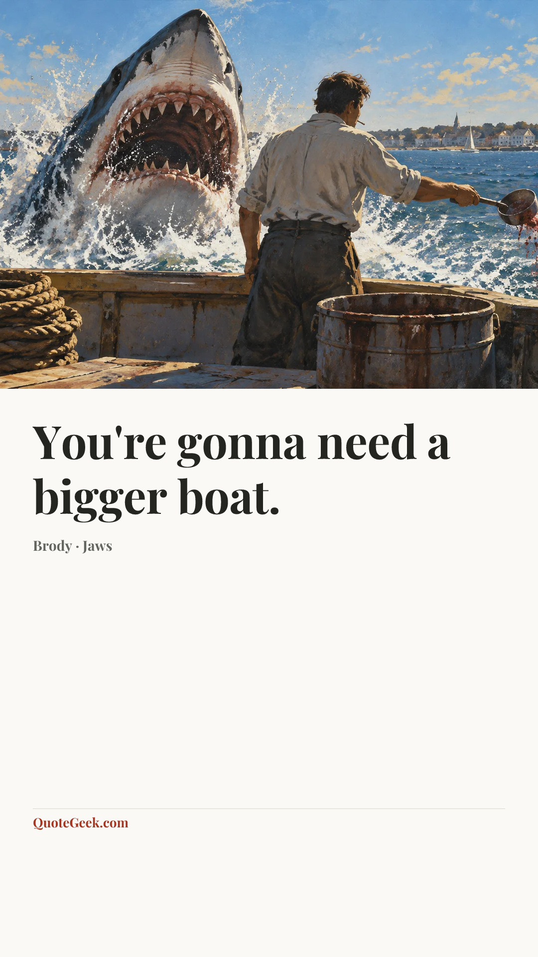 “You're gonna need a bigger boat.” — Brody · Jaws. Illustrated QuoteGeek card.