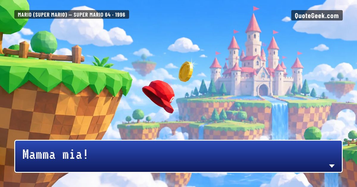 “Mamma mia!” — Mario (Super Mario) · Super Mario 64. Illustrated QuoteGeek card.