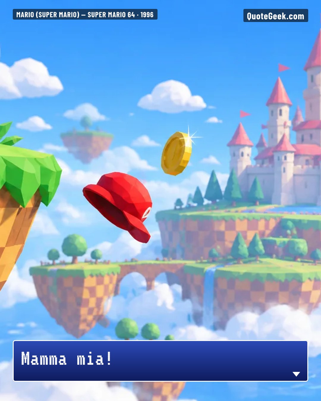 “Mamma mia!” — Mario (Super Mario) · Super Mario 64. Illustrated QuoteGeek card.