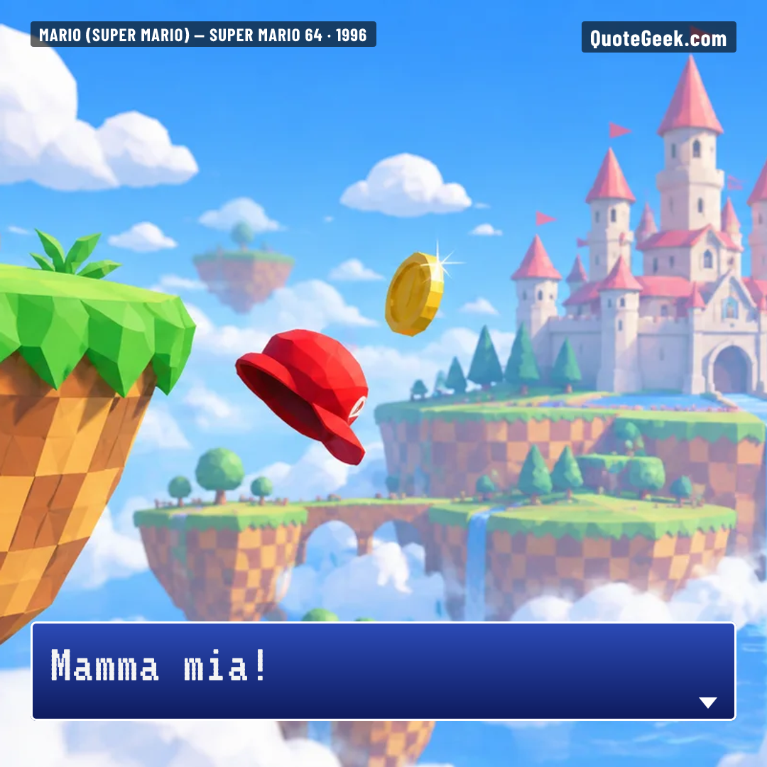 “Mamma mia!” — Mario (Super Mario) · Super Mario 64. Illustrated QuoteGeek card.