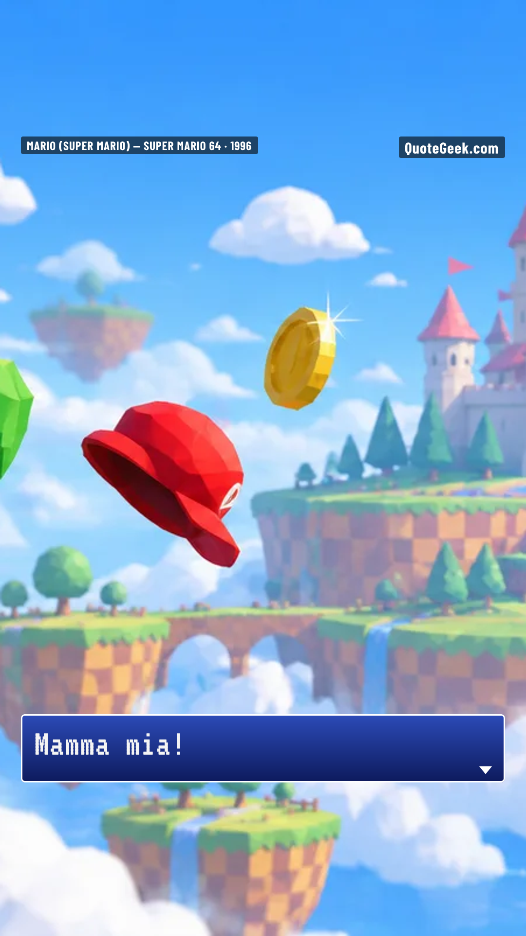 “Mamma mia!” — Mario (Super Mario) · Super Mario 64. Illustrated QuoteGeek card.