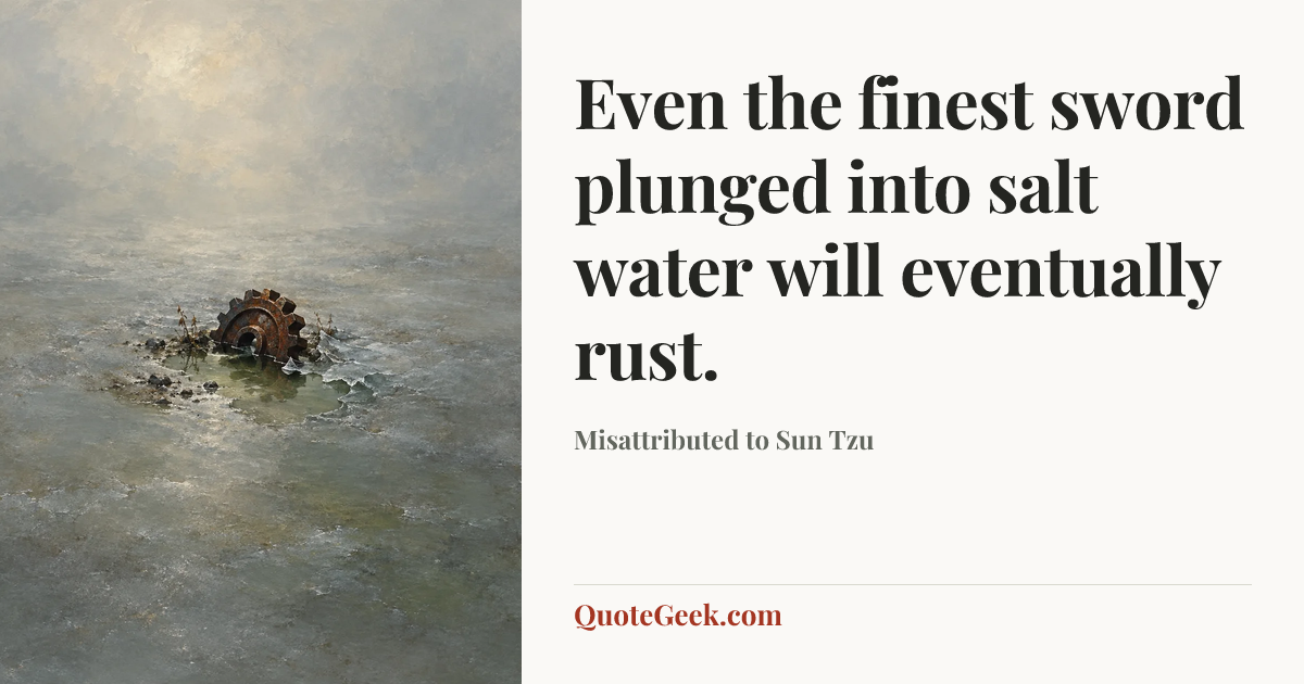“Even the finest sword plunged into salt water will eventually rust.” — Misattributed to Sun Tzu. Illustrated QuoteGeek card.