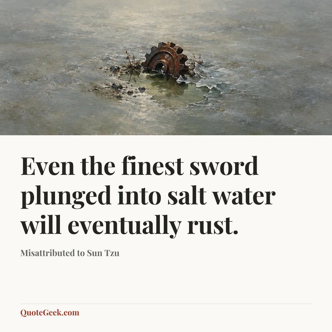 “Even the finest sword plunged into salt water will eventually rust.” — Misattributed to Sun Tzu. Illustrated QuoteGeek card.