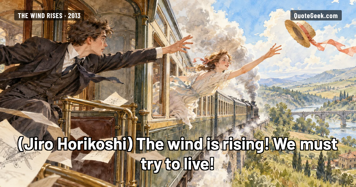 “The wind is rising! We must try to live!” — Jiro Horikoshi · The Wind Rises. Illustrated QuoteGeek card.