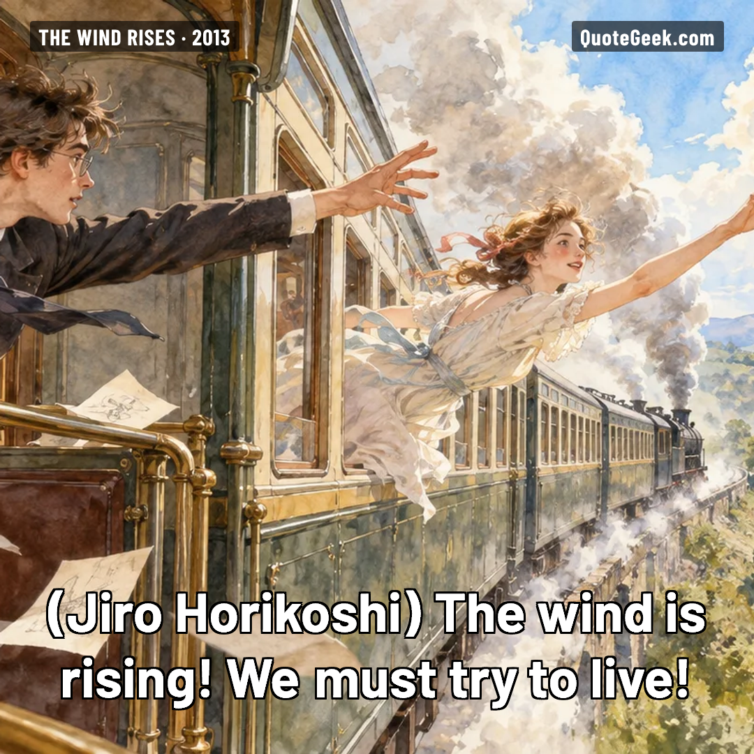 “The wind is rising! We must try to live!” — Jiro Horikoshi · The Wind Rises. Illustrated QuoteGeek card.