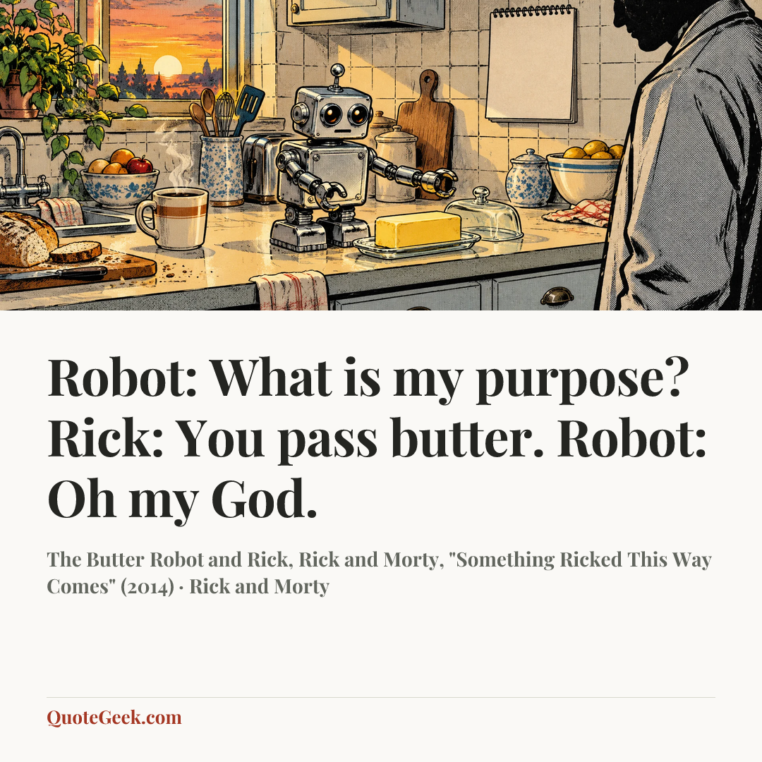 “Robot: What is my purpose?
Rick: You pass butter.
Robot: Oh my God.” — The Butter Robot and Rick, Rick and Morty, "Something Ricked This Way Comes" (2014) · Rick and Morty. Illustrated QuoteGeek card.