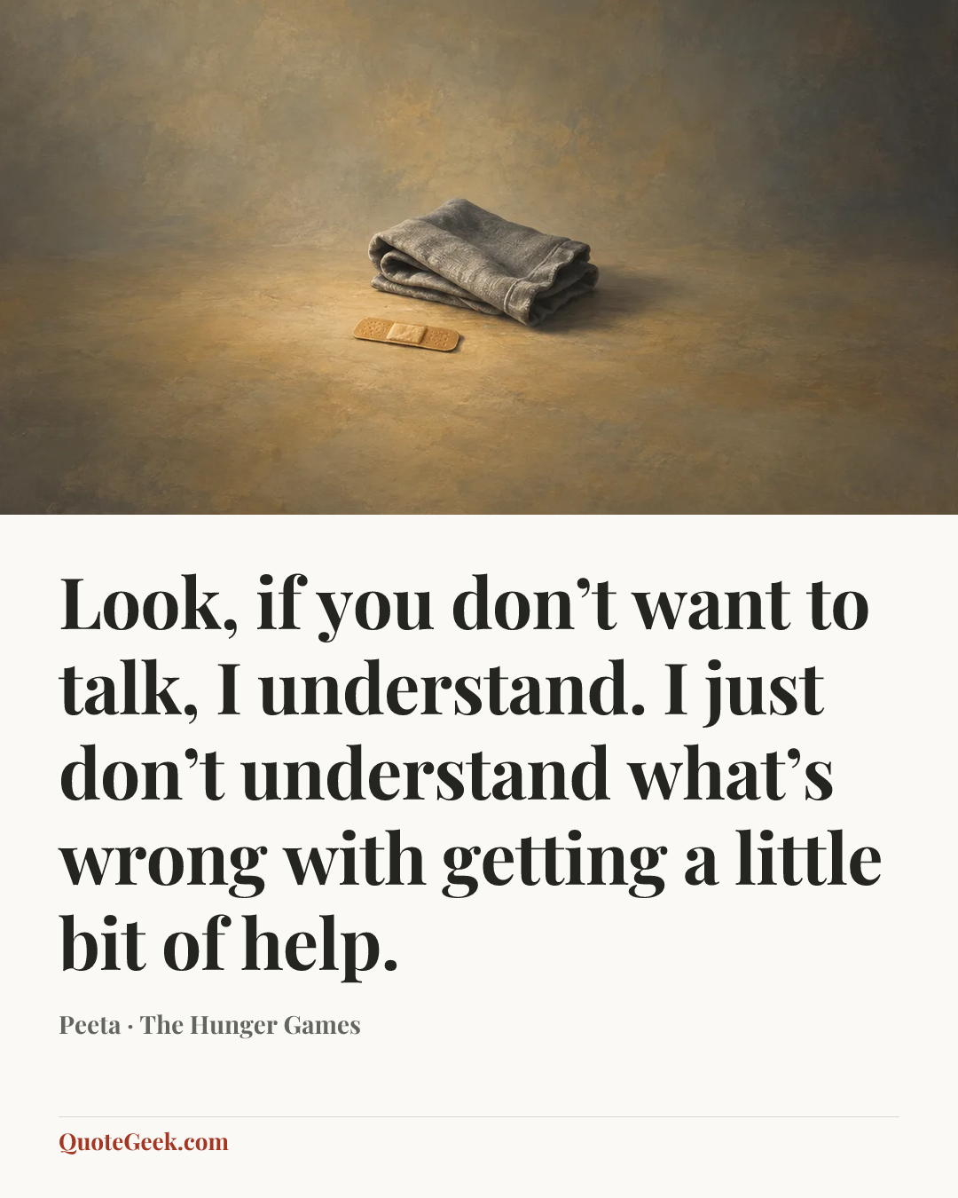 “Look, if you don’t want to talk, I understand. I just don’t understand what’s wrong with getting a little bit of help.” — Peeta · The Hunger Games. Illustrated QuoteGeek card.