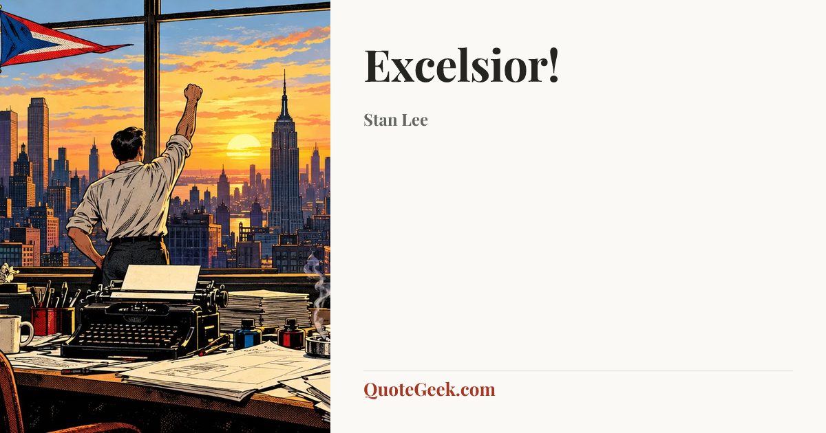 “Excelsior!” — Stan Lee. Illustrated QuoteGeek card.