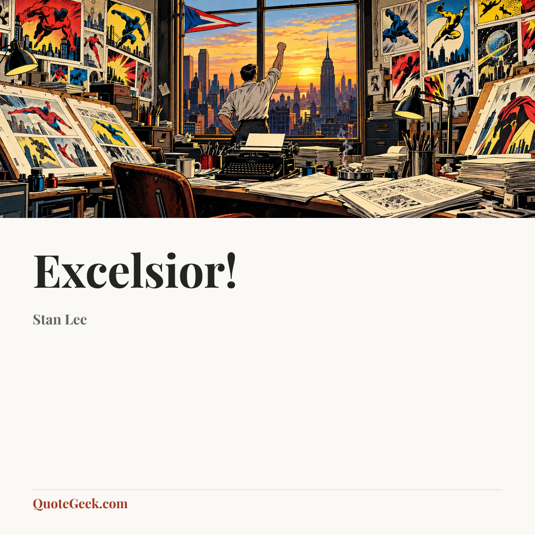 “Excelsior!” — Stan Lee. Illustrated QuoteGeek card.