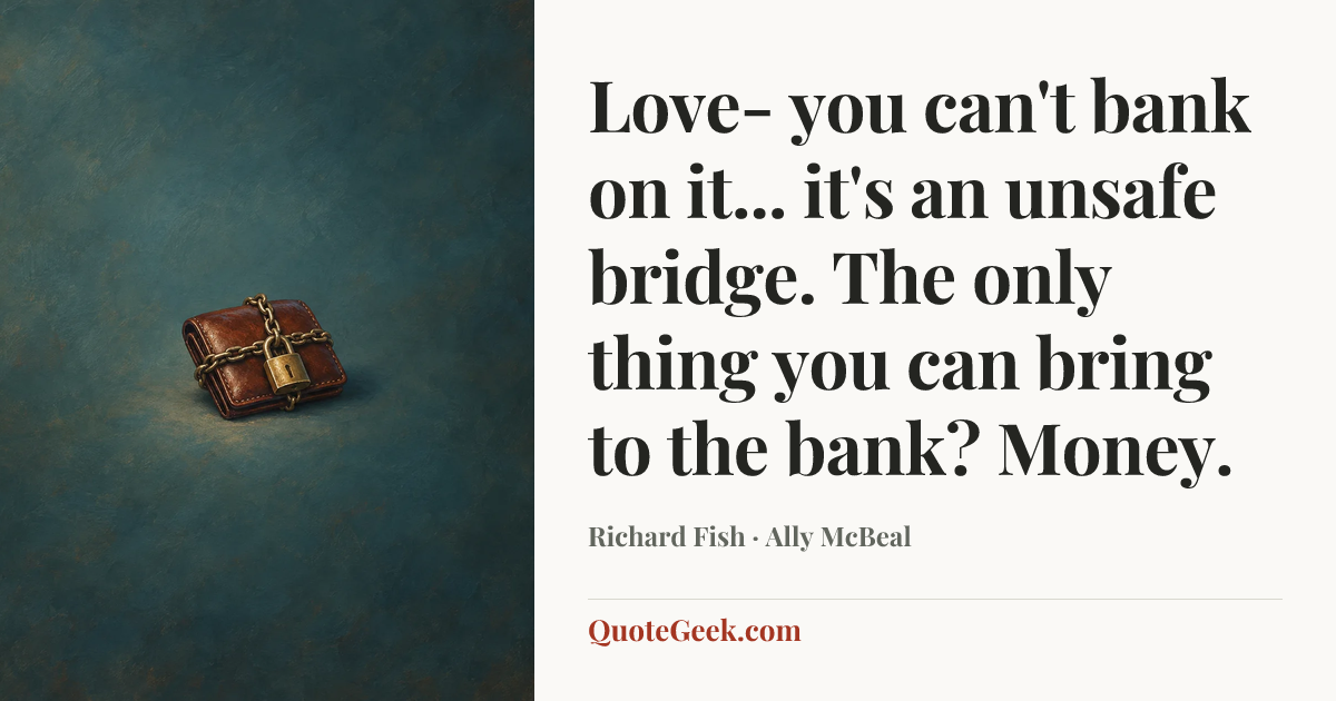 “Love- you can't bank on it... it's an unsafe bridge. The only thing you can bring to the bank? Money.” — Richard Fish · Ally McBeal. Illustrated QuoteGeek card.