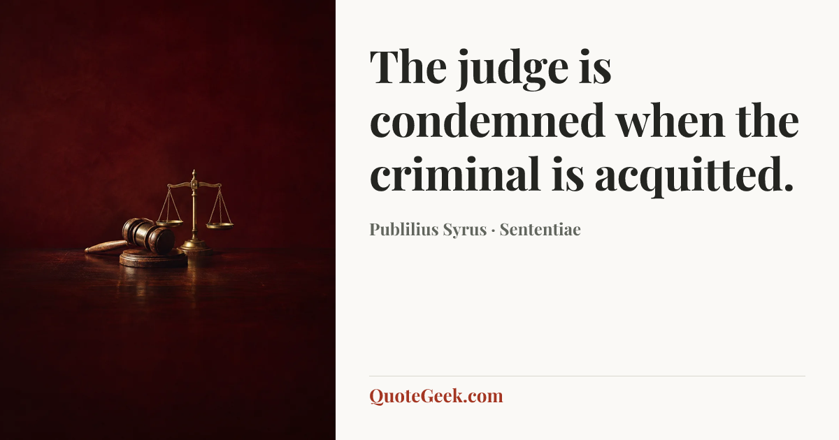 “The judge is condemned when the criminal is acquitted.” — Publilius Syrus · Sententiae. Illustrated QuoteGeek card.