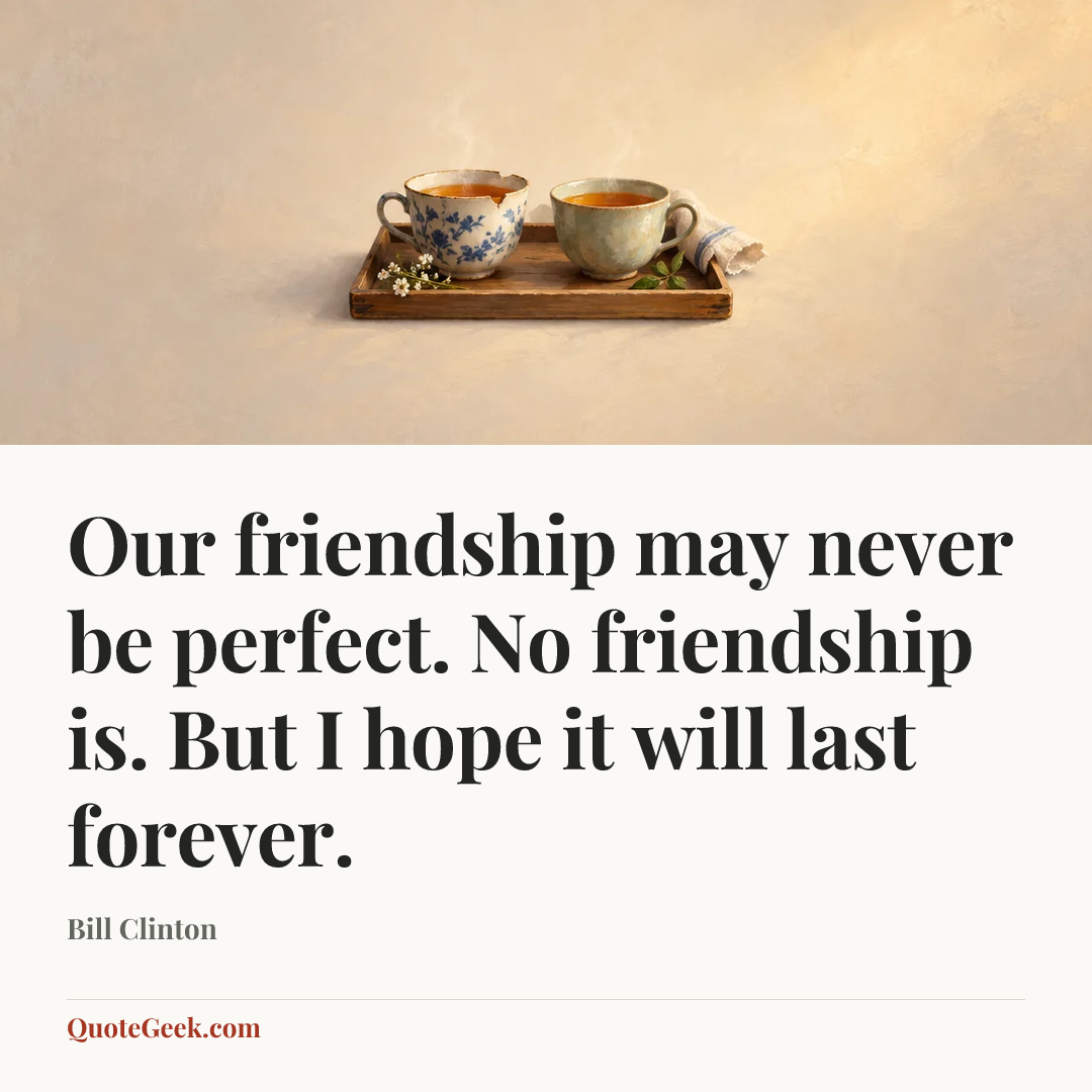 “Our friendship may never be perfect. No friendship is. But I hope it will last forever.” — Bill Clinton. Illustrated QuoteGeek card.