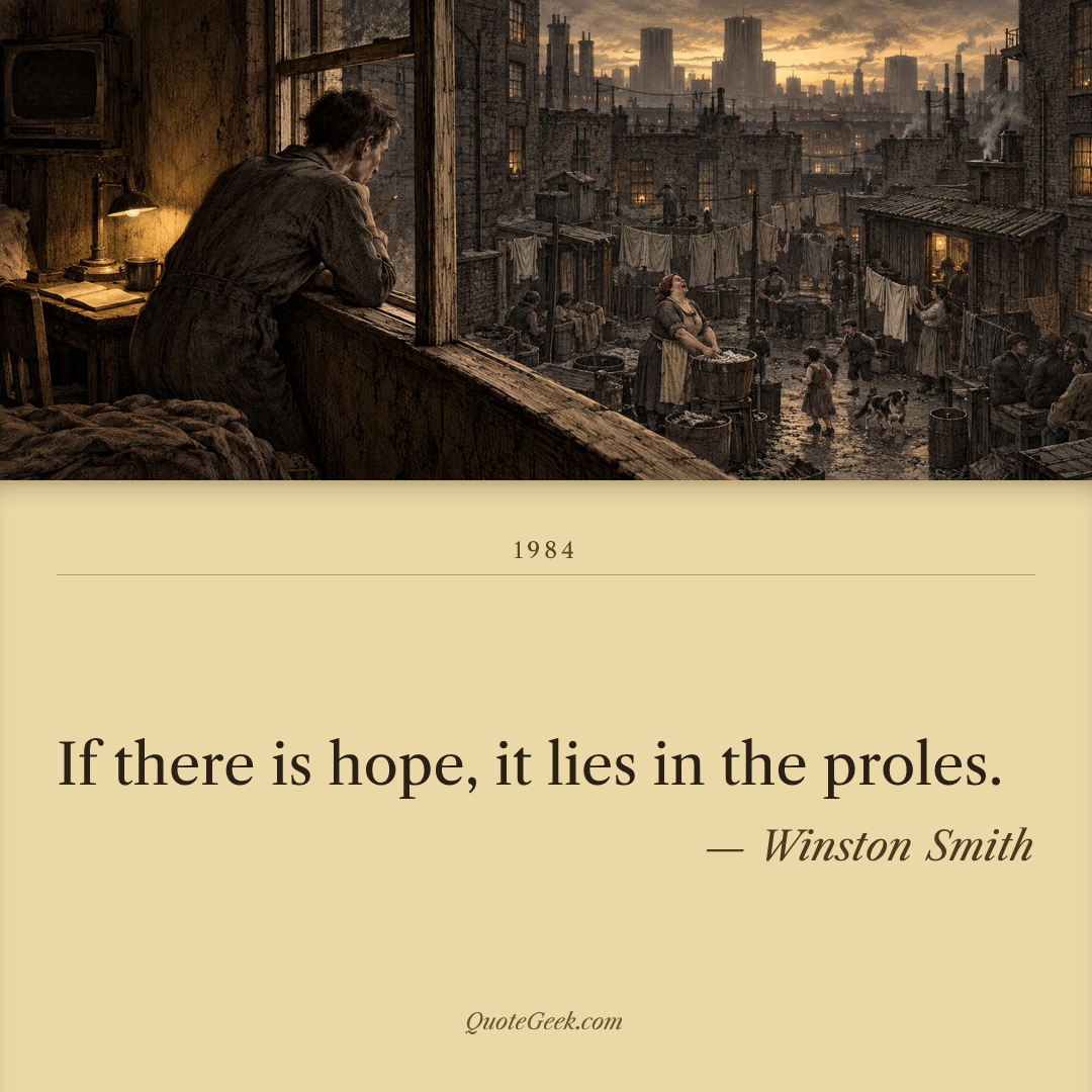 “If there is hope, it lies in the proles.” — Winston Smith · 1984. Illustrated QuoteGeek card.