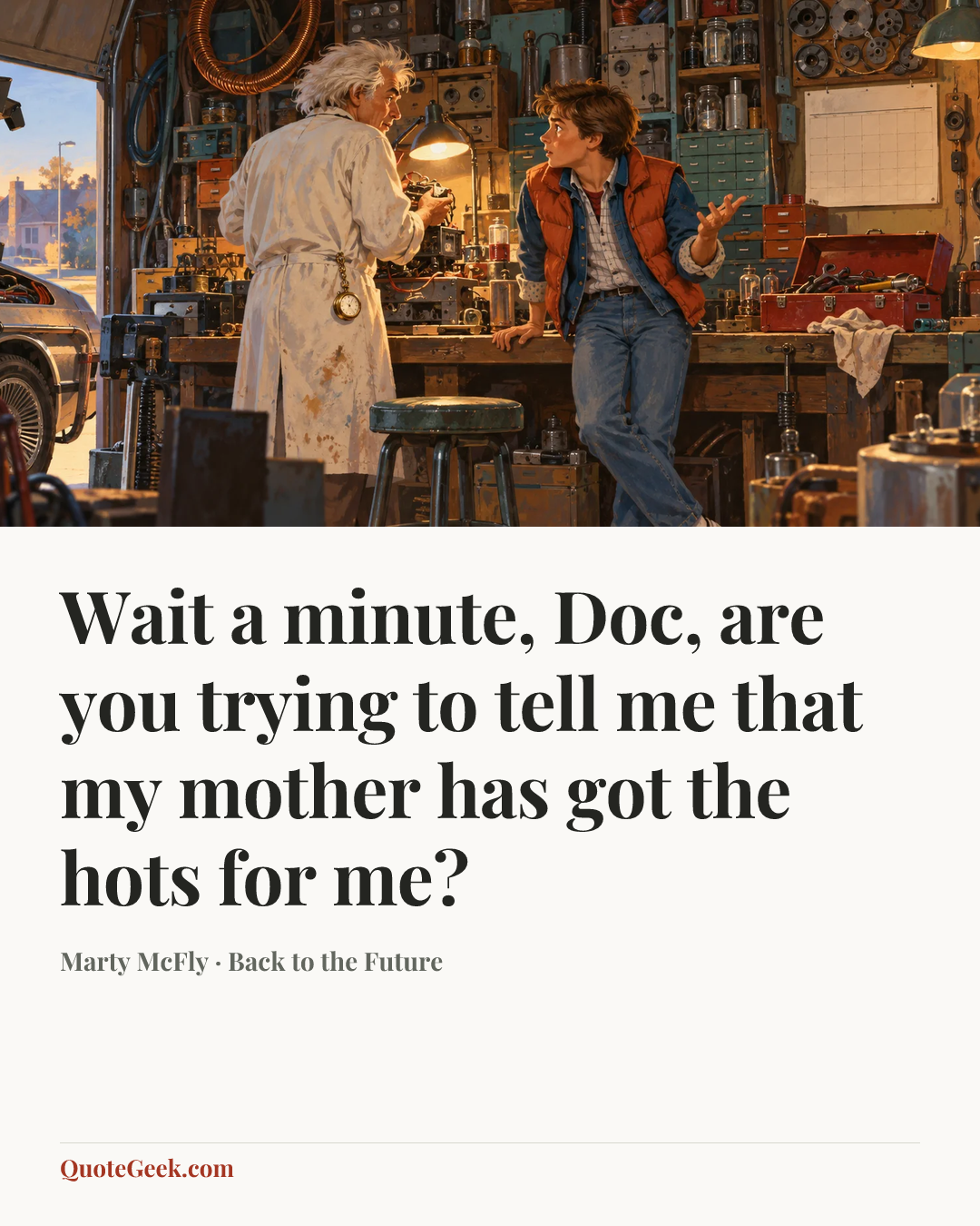 “Wait a minute, Doc, are you trying to tell me that my mother has got the hots for me?” — Marty McFly · Back to the Future. Illustrated QuoteGeek card.