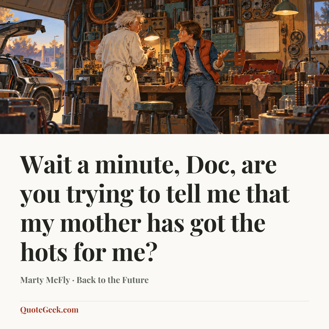 “Wait a minute, Doc, are you trying to tell me that my mother has got the hots for me?” — Marty McFly · Back to the Future. Illustrated QuoteGeek card.