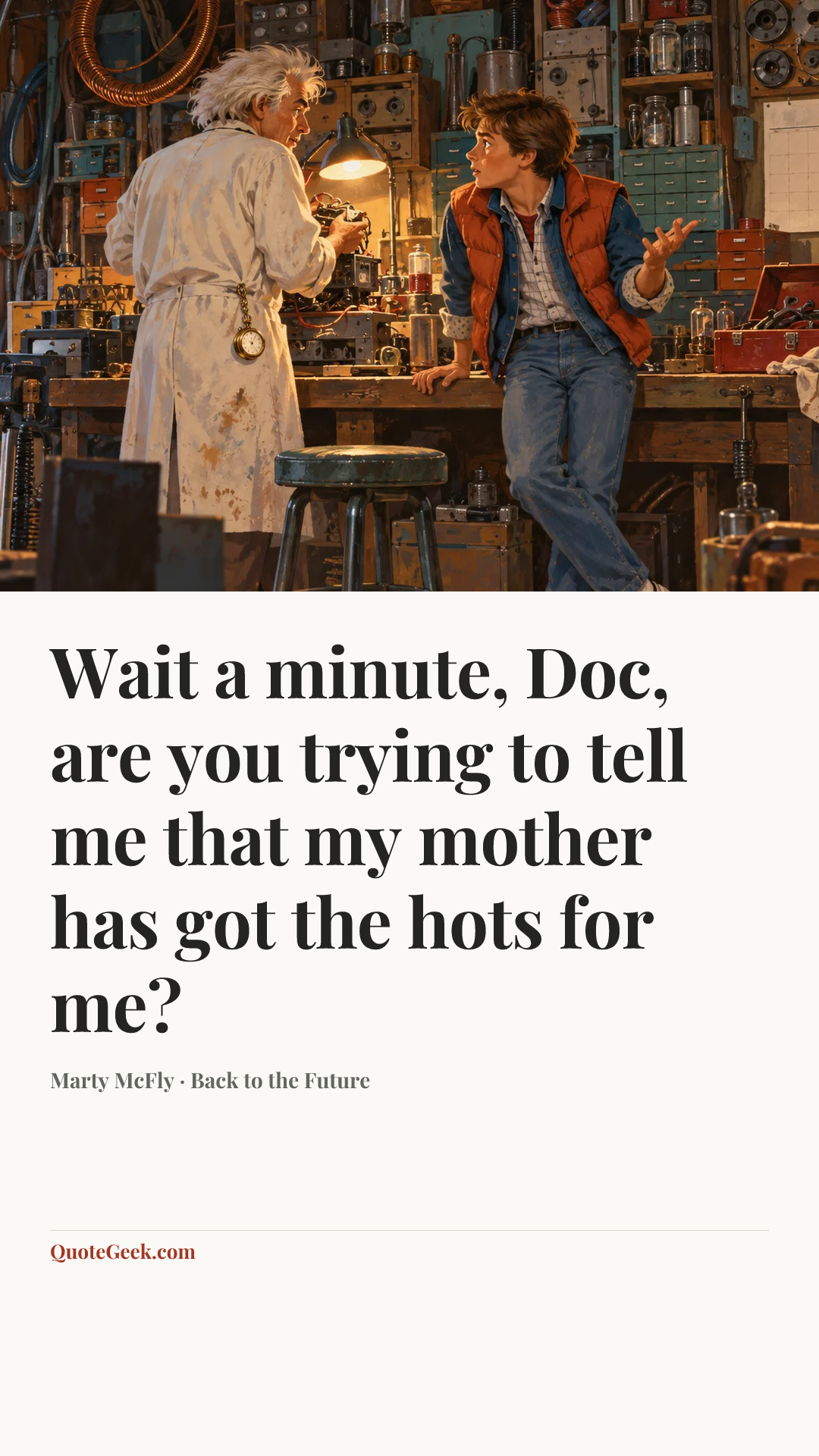 “Wait a minute, Doc, are you trying to tell me that my mother has got the hots for me?” — Marty McFly · Back to the Future. Illustrated QuoteGeek card.