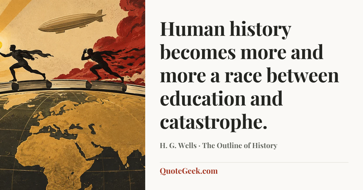 “Human history becomes more and more a race between education and catastrophe.” — H. G. Wells · The Outline of History. Illustrated QuoteGeek card.