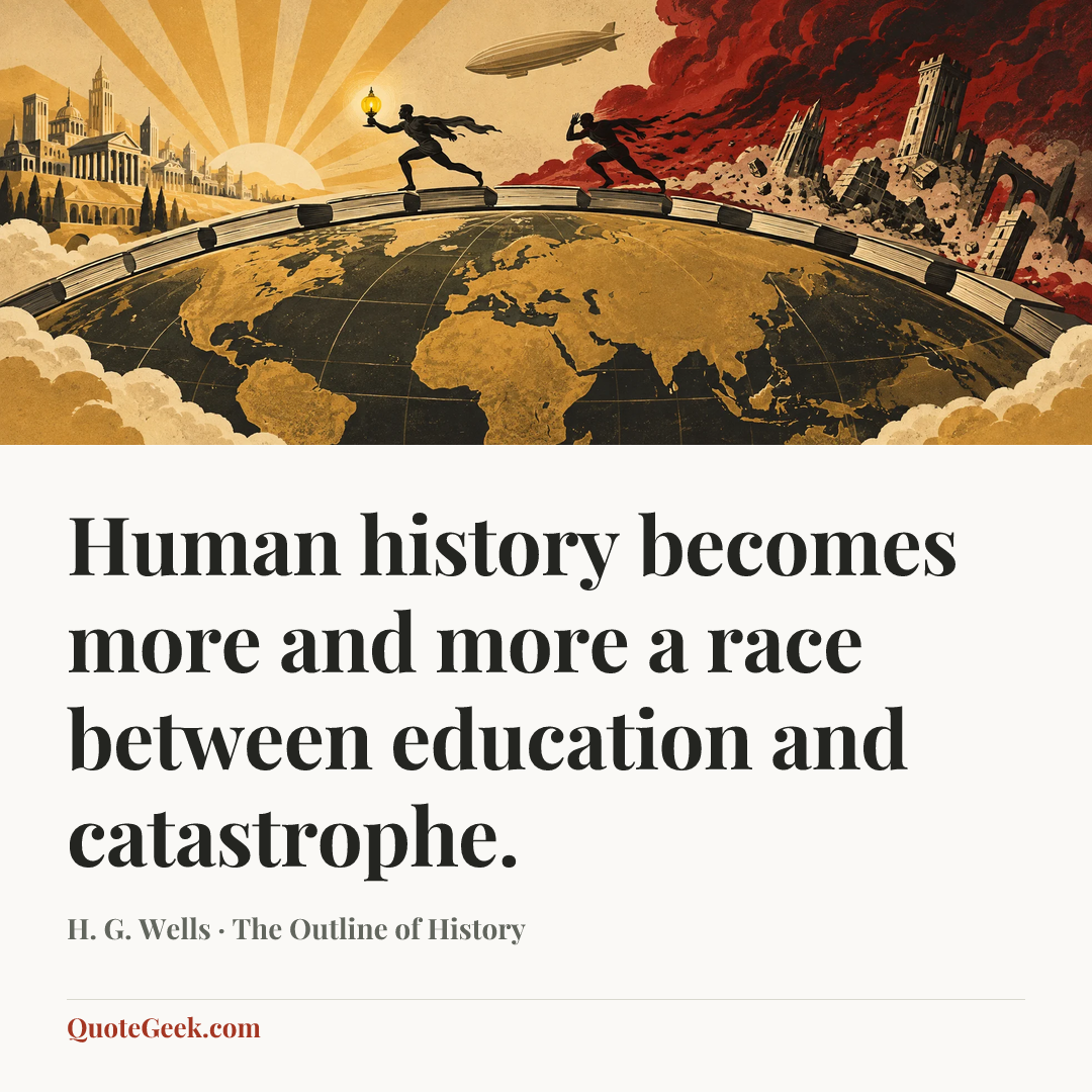“Human history becomes more and more a race between education and catastrophe.” — H. G. Wells · The Outline of History. Illustrated QuoteGeek card.