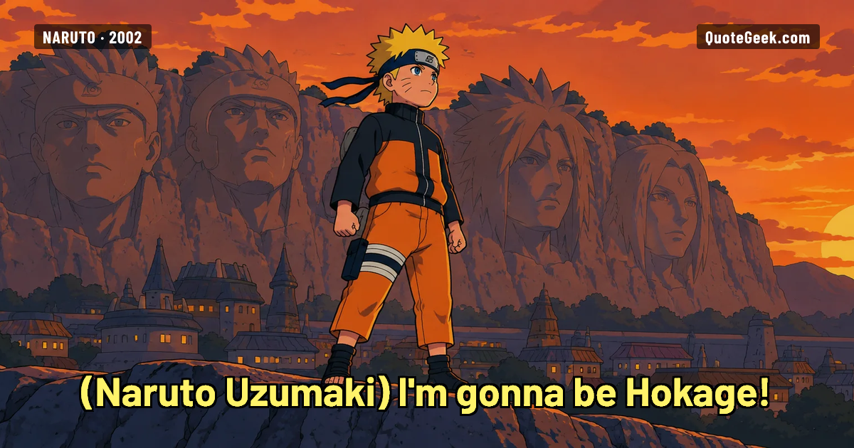 “I'm gonna be Hokage!” — Naruto Uzumaki · Naruto. Illustrated QuoteGeek card.