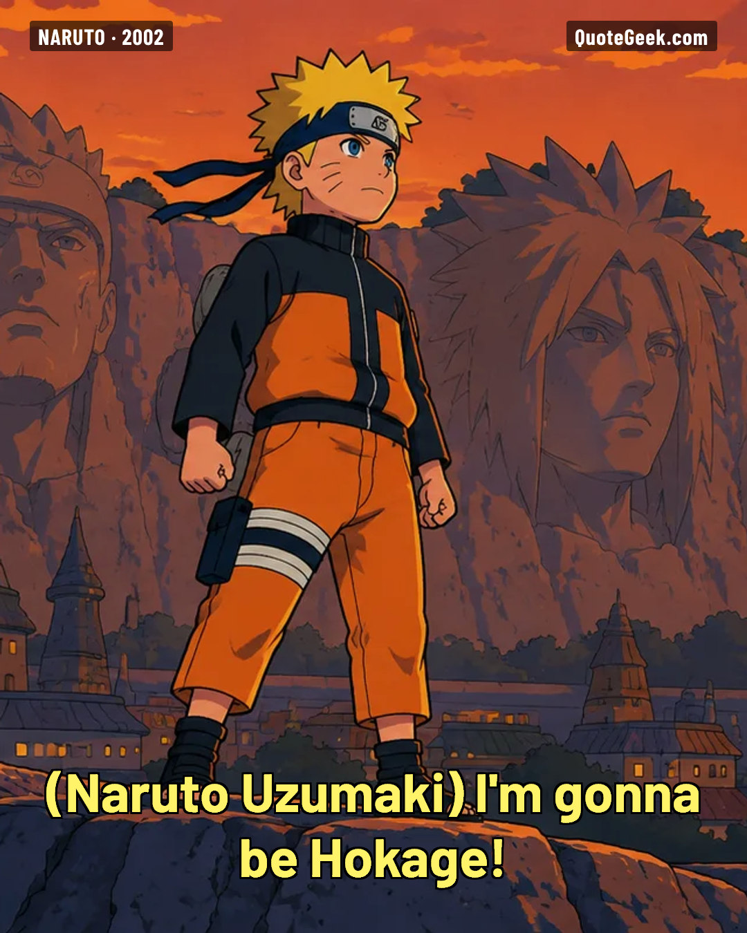 “I'm gonna be Hokage!” — Naruto Uzumaki · Naruto. Illustrated QuoteGeek card.