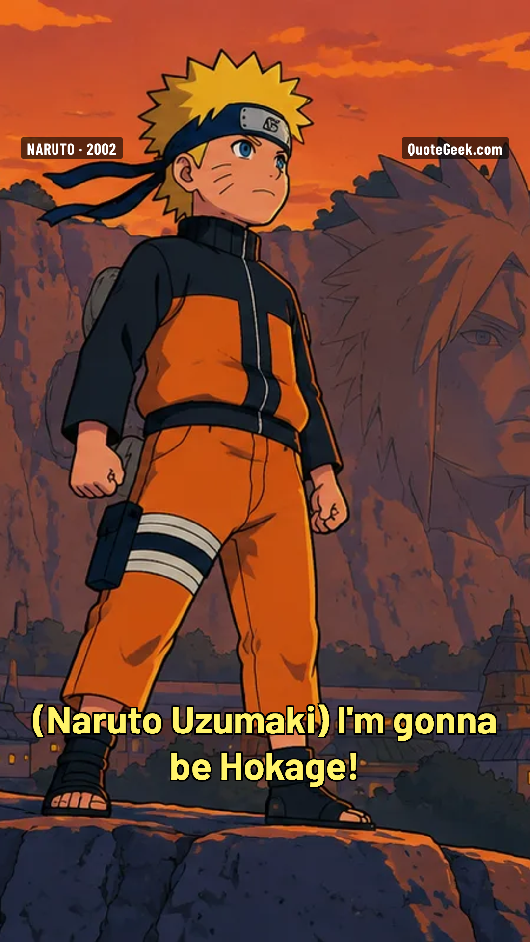 “I'm gonna be Hokage!” — Naruto Uzumaki · Naruto. Illustrated QuoteGeek card.