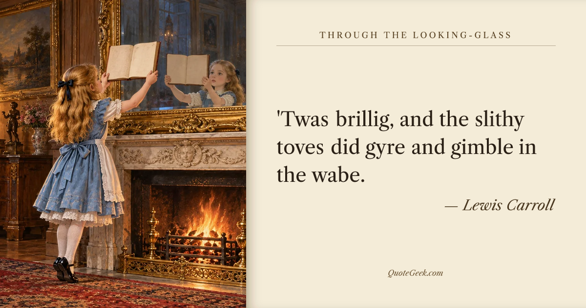 “'Twas brillig, and the slithy toves did gyre and gimble in the wabe.” — Lewis Carroll · Through the Looking-Glass. Illustrated QuoteGeek card.