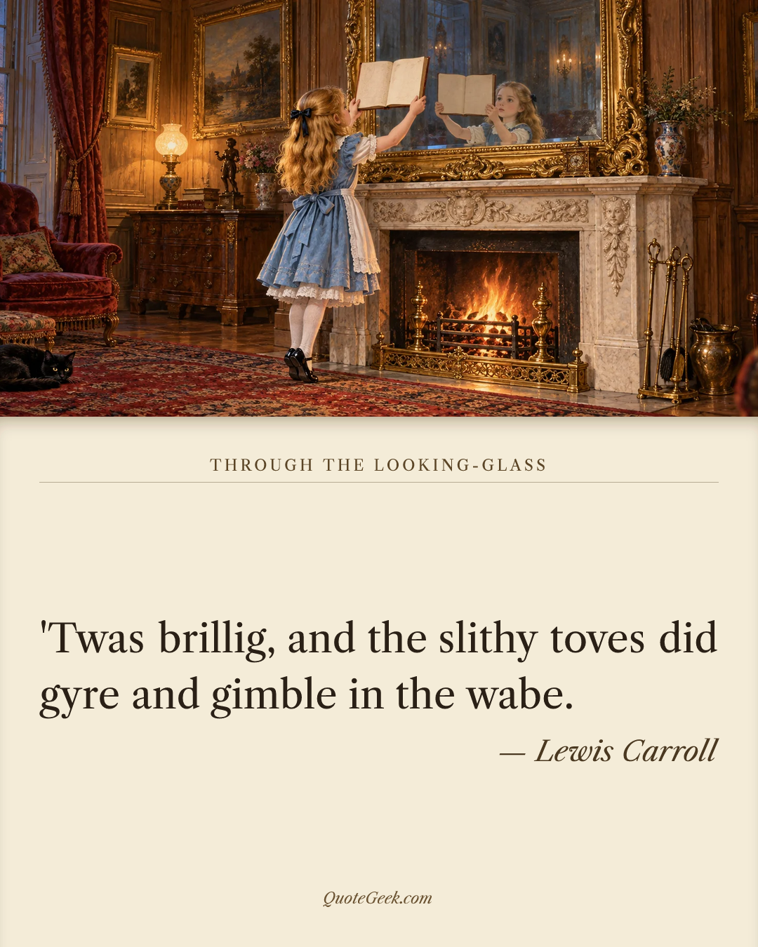“'Twas brillig, and the slithy toves did gyre and gimble in the wabe.” — Lewis Carroll · Through the Looking-Glass. Illustrated QuoteGeek card.