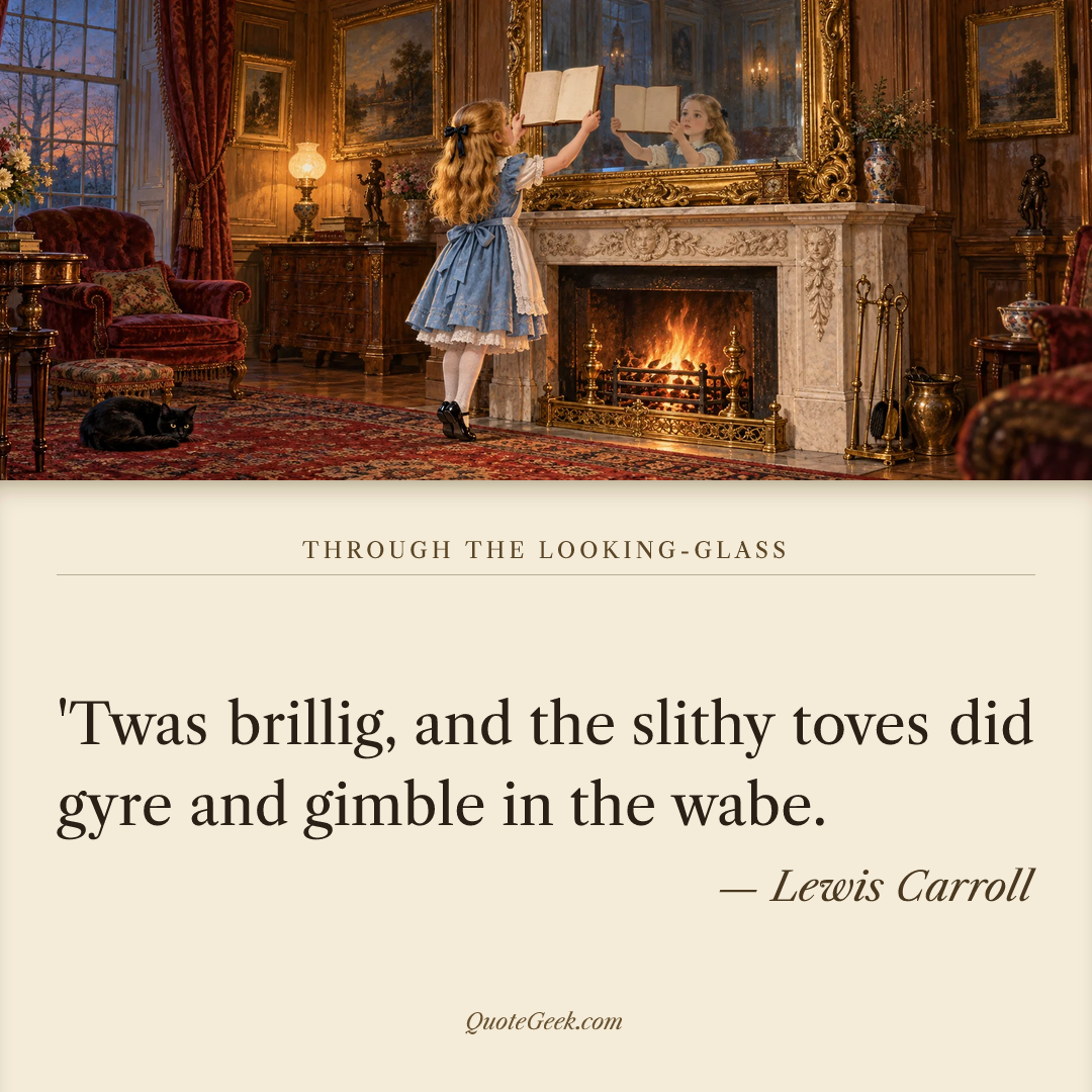 “'Twas brillig, and the slithy toves did gyre and gimble in the wabe.” — Lewis Carroll · Through the Looking-Glass. Illustrated QuoteGeek card.