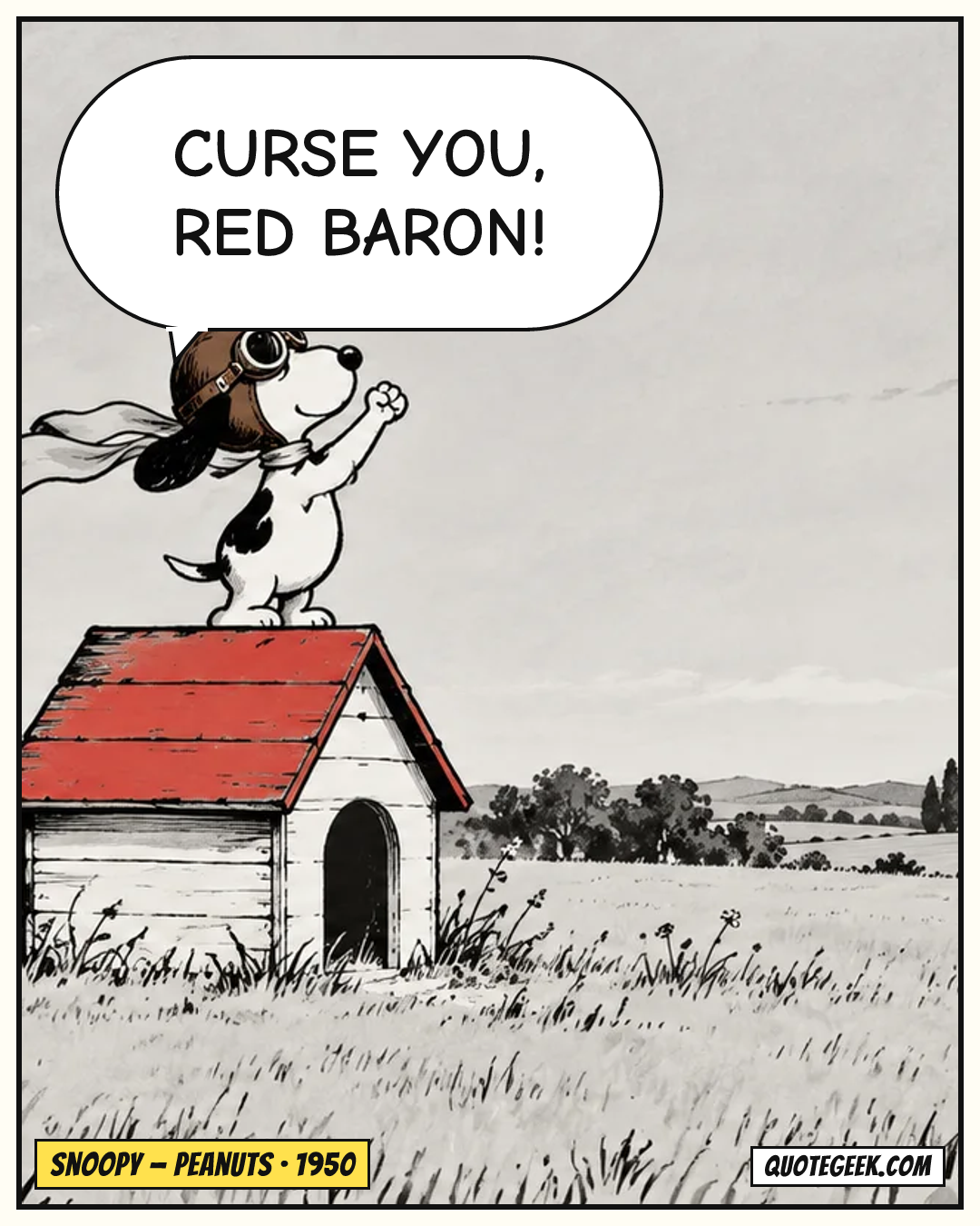 “Curse you, Red Baron!” — Snoopy · Peanuts. Illustrated QuoteGeek card.