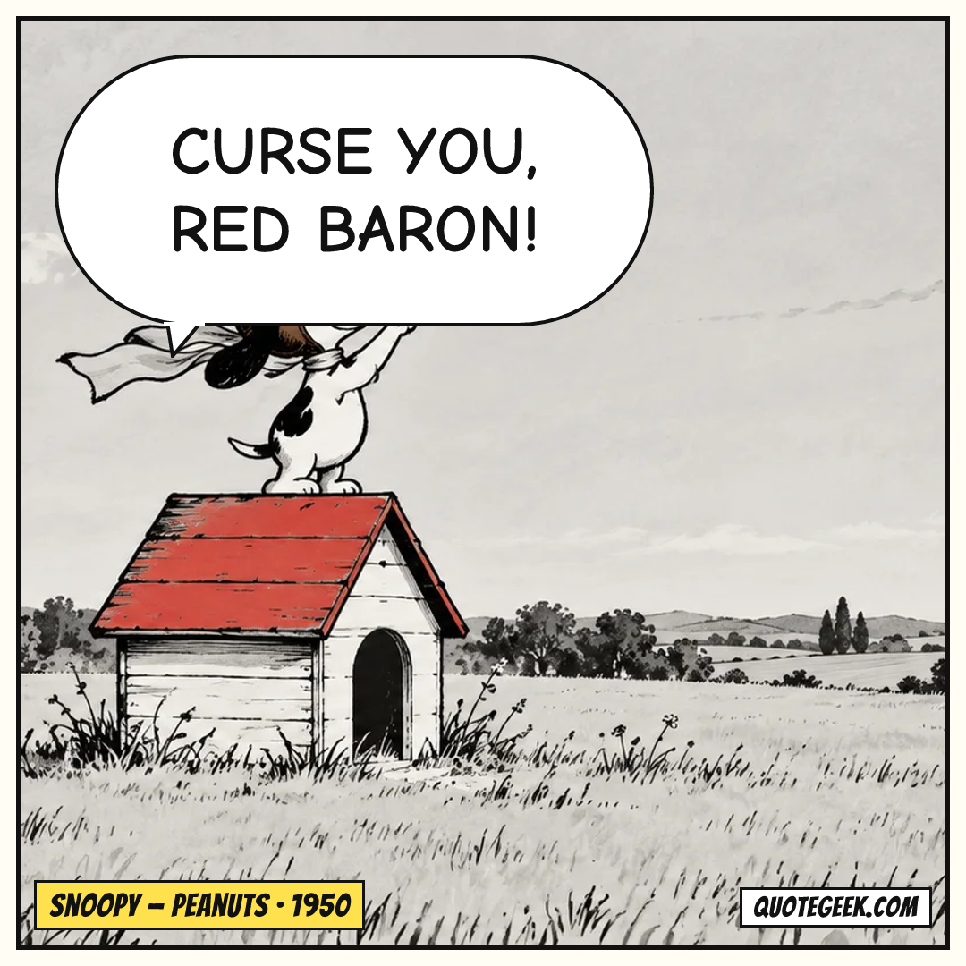 “Curse you, Red Baron!” — Snoopy · Peanuts. Illustrated QuoteGeek card.