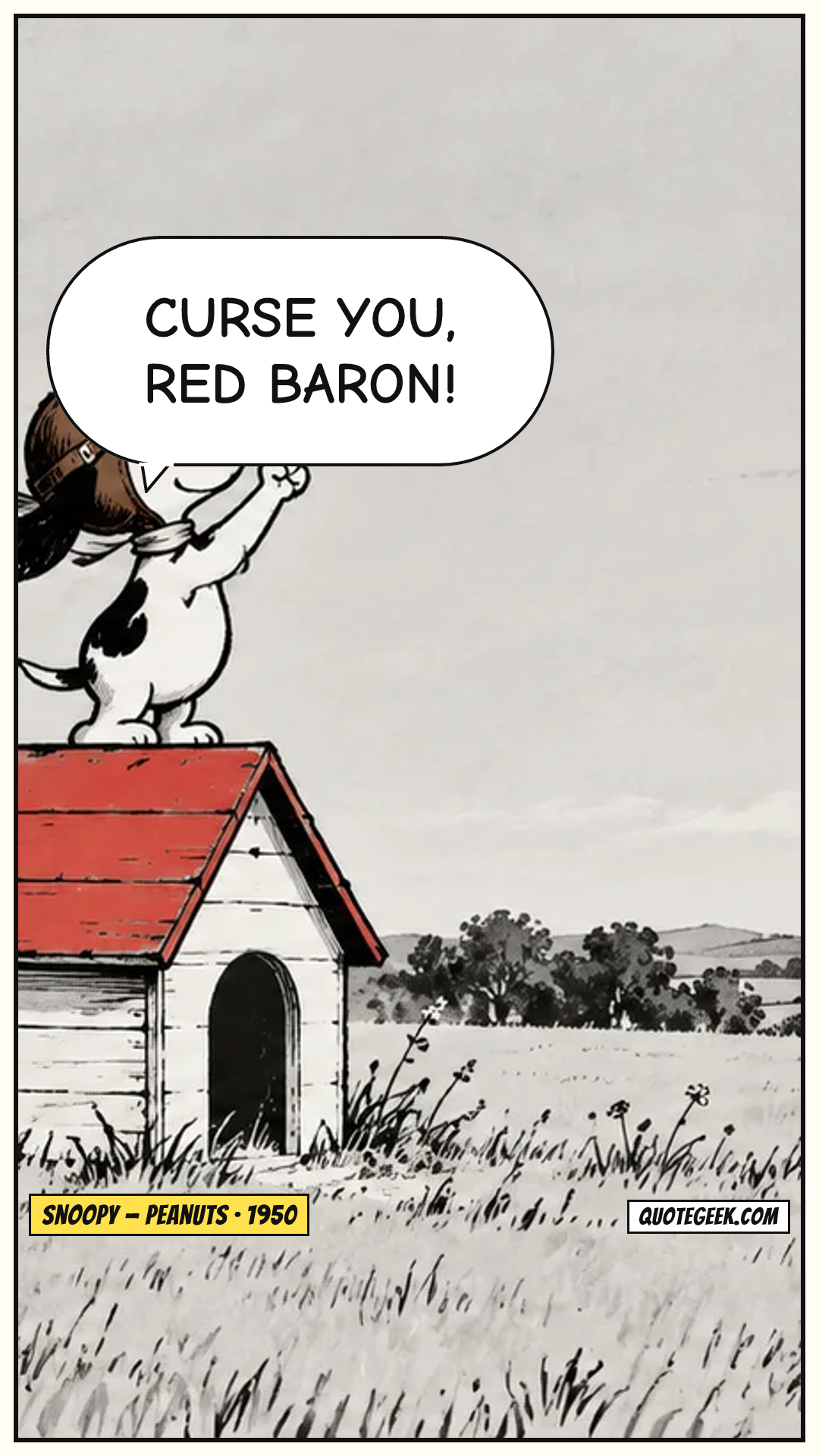 “Curse you, Red Baron!” — Snoopy · Peanuts. Illustrated QuoteGeek card.
