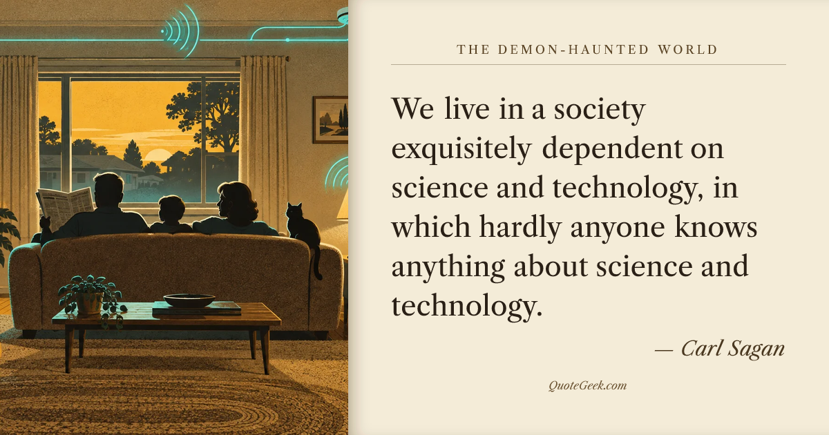 “We live in a society exquisitely dependent on science and technology, in which hardly anyone knows anything about science and technology.” — Carl Sagan · The Demon-Haunted World. Illustrated QuoteGeek card.