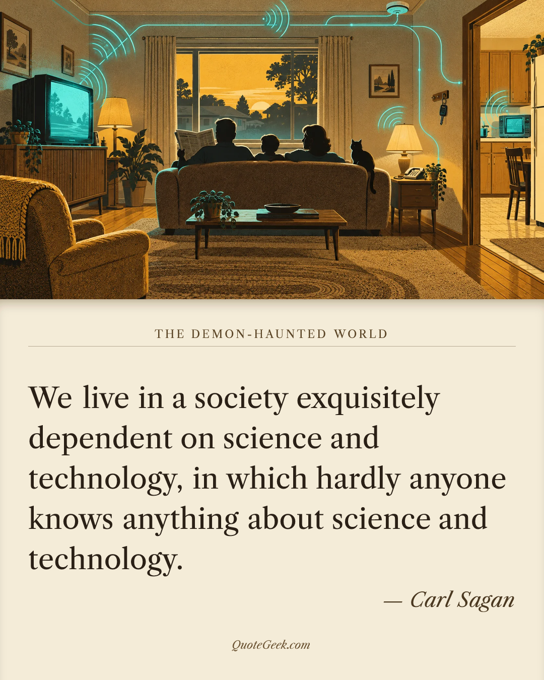 “We live in a society exquisitely dependent on science and technology, in which hardly anyone knows anything about science and technology.” — Carl Sagan · The Demon-Haunted World. Illustrated QuoteGeek card.