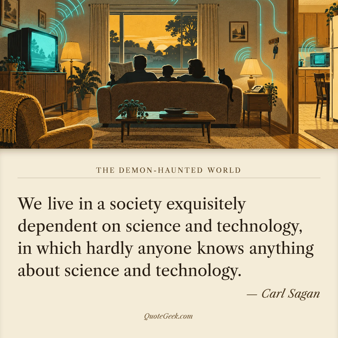 “We live in a society exquisitely dependent on science and technology, in which hardly anyone knows anything about science and technology.” — Carl Sagan · The Demon-Haunted World. Illustrated QuoteGeek card.
