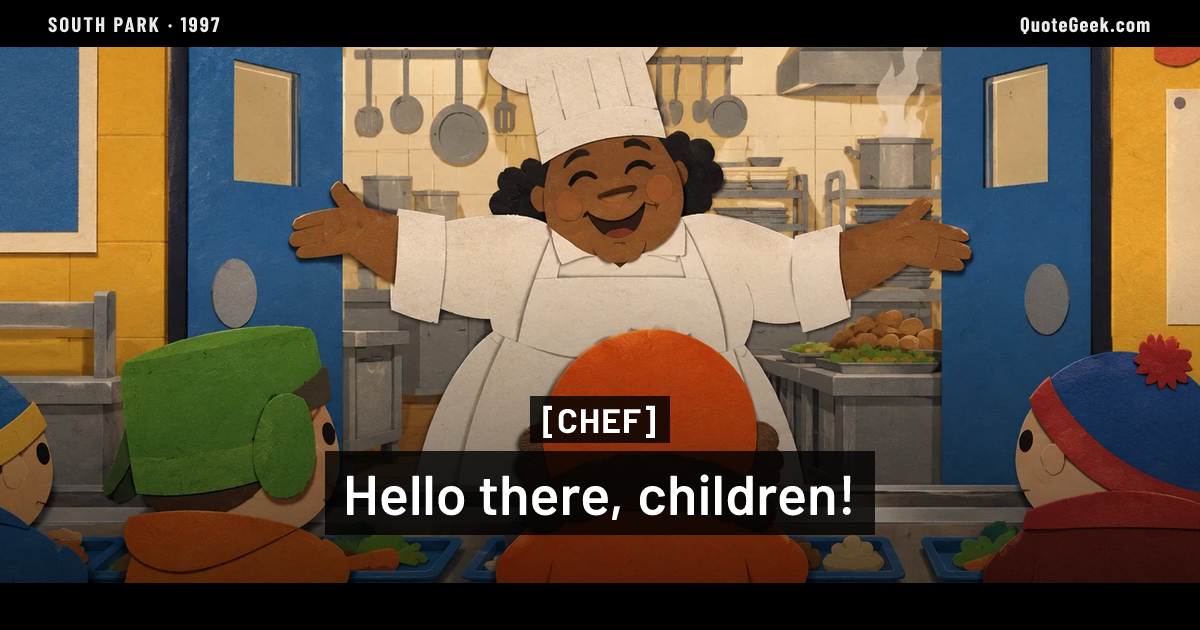 “Hello there, children!” — Chef · South Park. Illustrated QuoteGeek card.