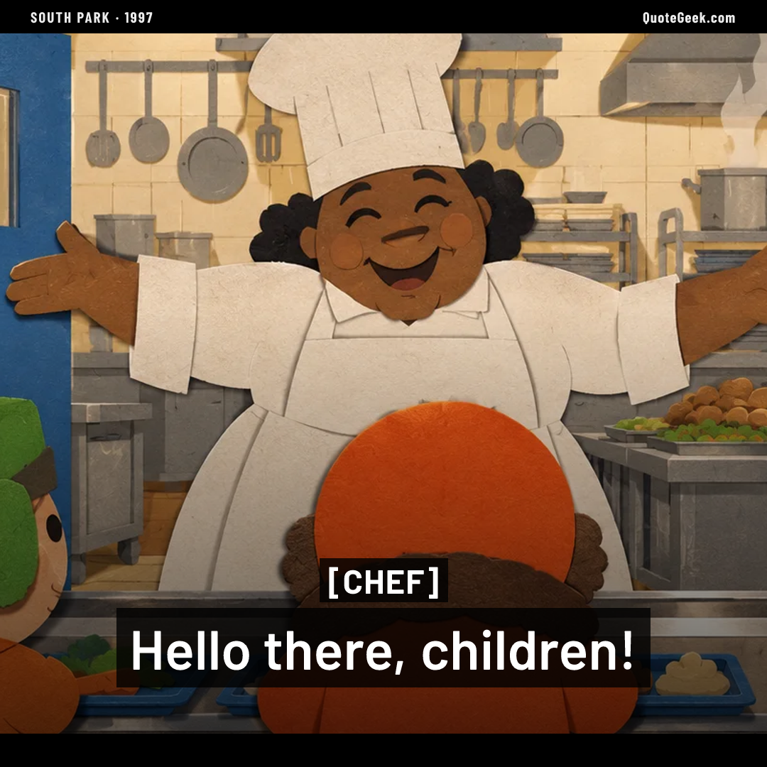 “Hello there, children!” — Chef · South Park. Illustrated QuoteGeek card.
