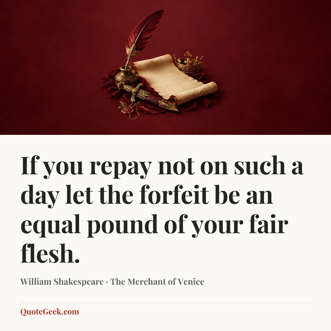 “If you repay not on such a day
let the forfeit be an equal pound
of your fair flesh.” — William Shakespeare · The Merchant of Venice. Illustrated QuoteGeek card.