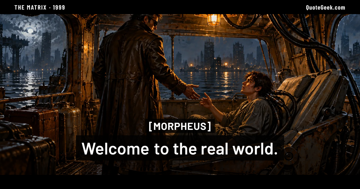 “Welcome to the real world.” — Morpheus · The Matrix. Illustrated QuoteGeek card.