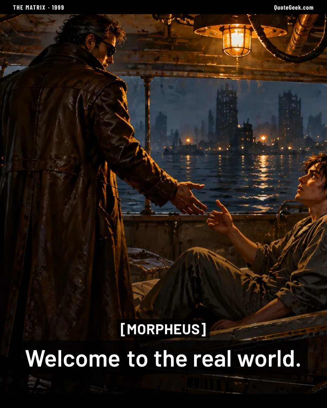 “Welcome to the real world.” — Morpheus · The Matrix. Illustrated QuoteGeek card.