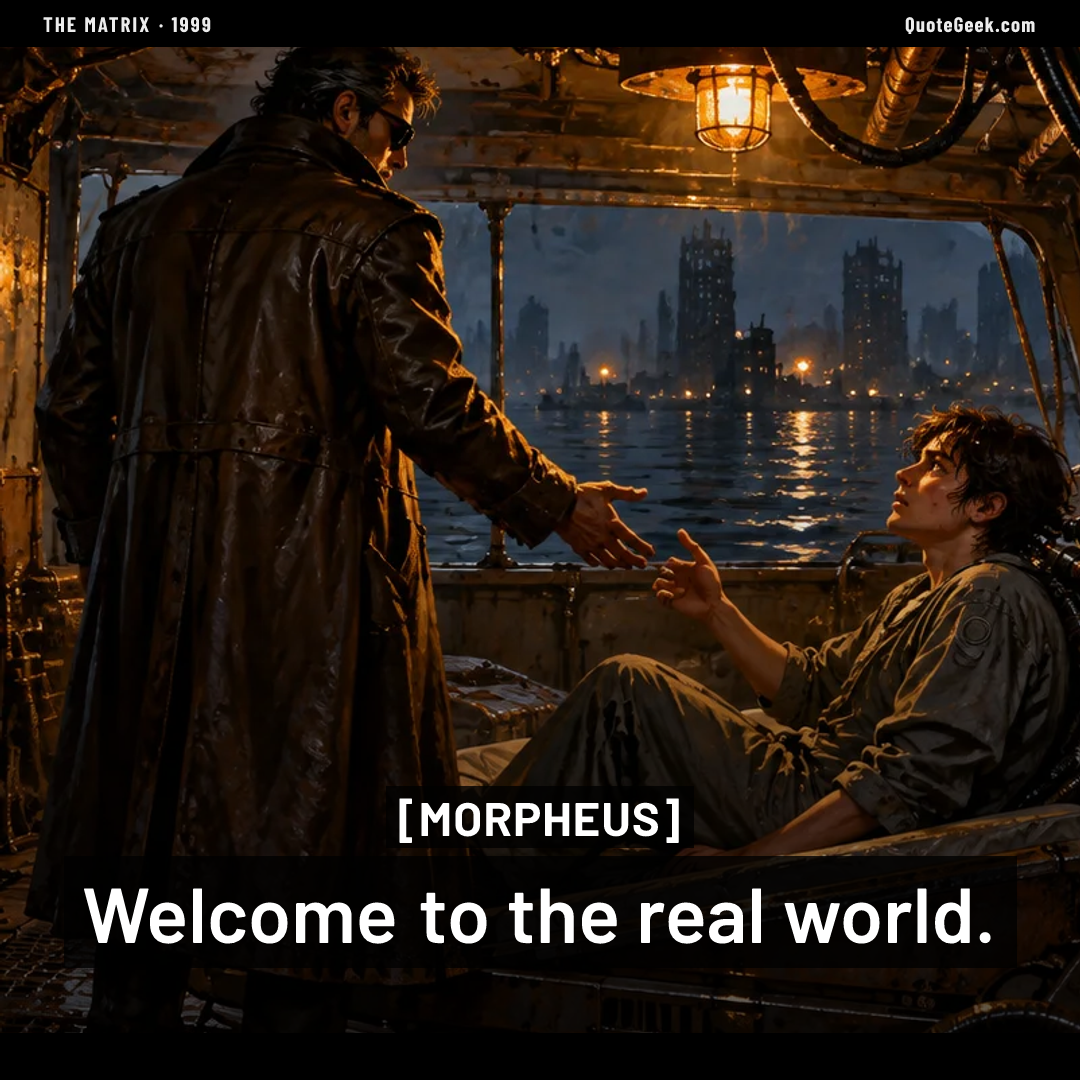 “Welcome to the real world.” — Morpheus · The Matrix. Illustrated QuoteGeek card.