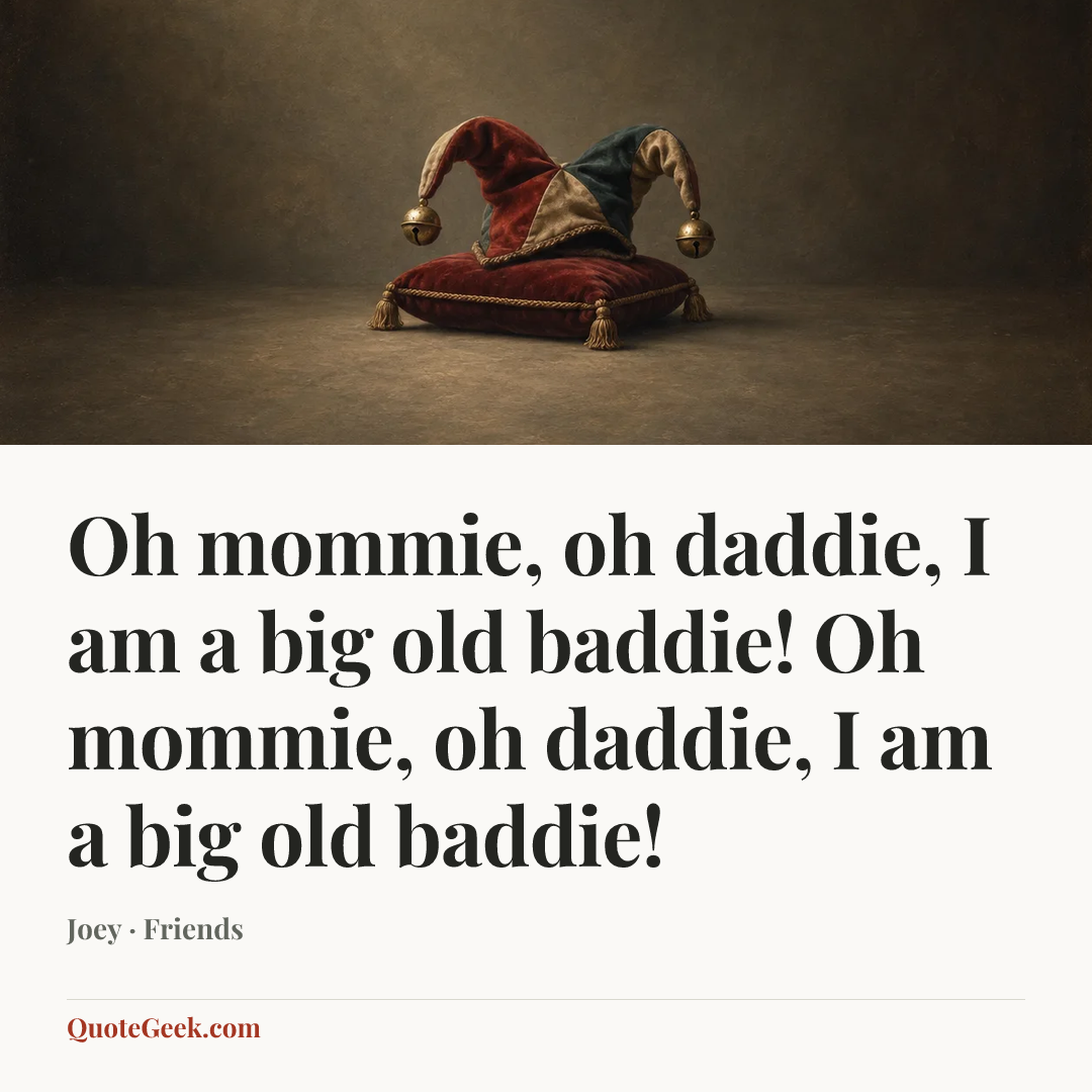 “Oh mommie, oh daddie, I am a big old baddie! Oh mommie, oh daddie, I am a big old baddie!” — Joey · Friends. Illustrated QuoteGeek card.